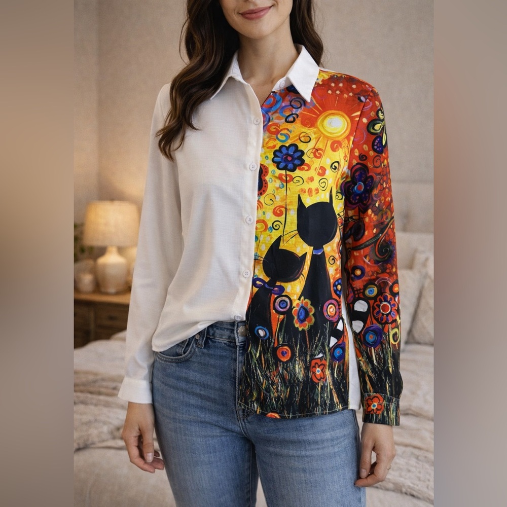 Women’s Boho Cat Print Button Down Tunic Shirt Artsy Asymmetrical Hem Size M